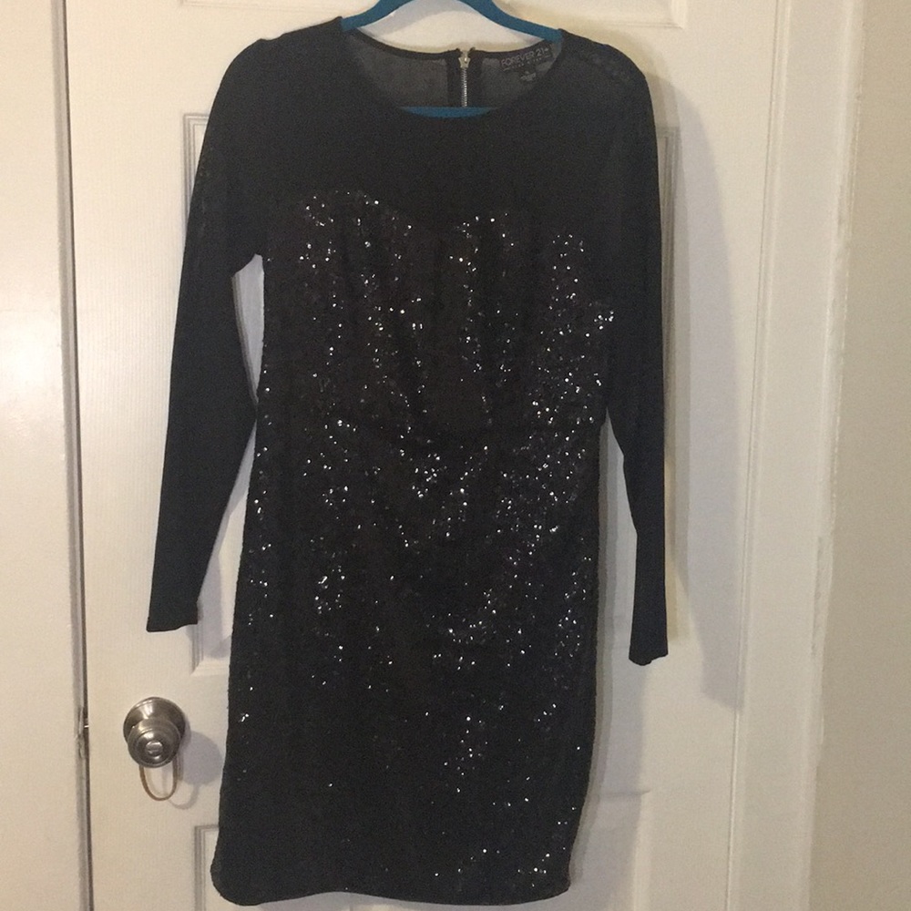 Black sequin mini dress with mesh sleeves